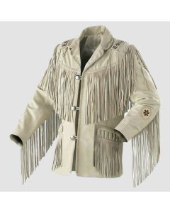 Veste en Cuir Blanc Pour Hommes Avec Franges Pour Cowboys de Style Occidental | Jacket Tailor