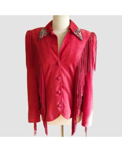Veste Sud-Ouest Perlée à Franges en Daim Doux Rouge Cerise | Jacket Tailor