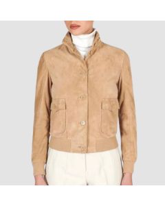 Fathy Blouson Bomber en Cuir Daim Beige Avec Boutons  | Jacket Tailor

