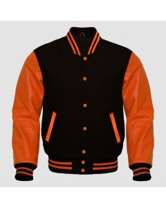 Veste Vintage de Style Bombardier de Baseball à Manches en Cuir Orange-Jacket Tailor