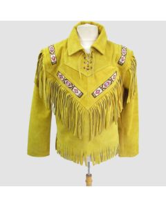 Veste en Cuir Suédé à Franges Amérindiennes de Cowboy Jaune Pour Hommes | Jacket Tailor