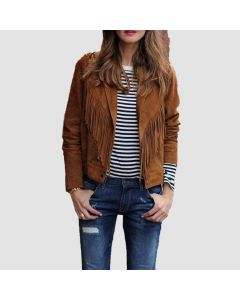 Veste à Franges en Cuir Suédé Marron Vintage Pour Femme | Jacket Tailor