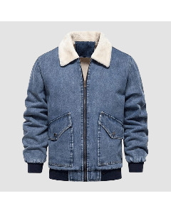 Denim Bomber Jacket Mens With Faux Shearling Collar and Functional Pockets-Jacket Tailor