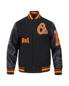 MLB Baltimore Orioles Varsity Jacket in black, showcasing a snap-button front, leather sleeves, and the Orioles 'O's' logo with 'Baltimore' lettering, from Jacket Tailor.