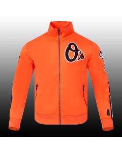 Front view of the MLB Baltimore Orioles Track Jacket in orange, showcasing a full-zip design, side pockets, and the iconic Orioles 'O's' logo on the left chest, from Jacket Tailor."