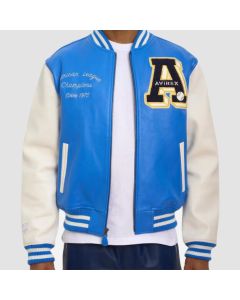 Veste en Cuir Couleur Bleu ET Blanc Baseball Classic Jacket USA-Jacket Tailor