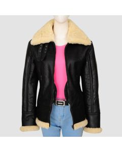Blouson Bomber en Cuir Shearling Noir Femme  | Jacket Tailor
