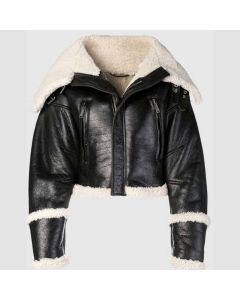 Veste Courte en Cuir Noir à Large Col en Peau de Mouton Pour Femmes | Jacket Tailor