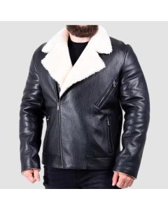 Veste en Cuir Noir en Fausse Fourrure Blanche Pour Homme | Jacket Tailor