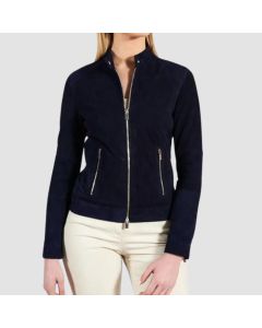 Blouson Motard Linda en Cuir D’Agneau Daim Perforé Bleu Aspect Lisse | Jacket Tailor