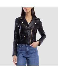 Veste en Cuir Noir Moto Biker Pour Femme